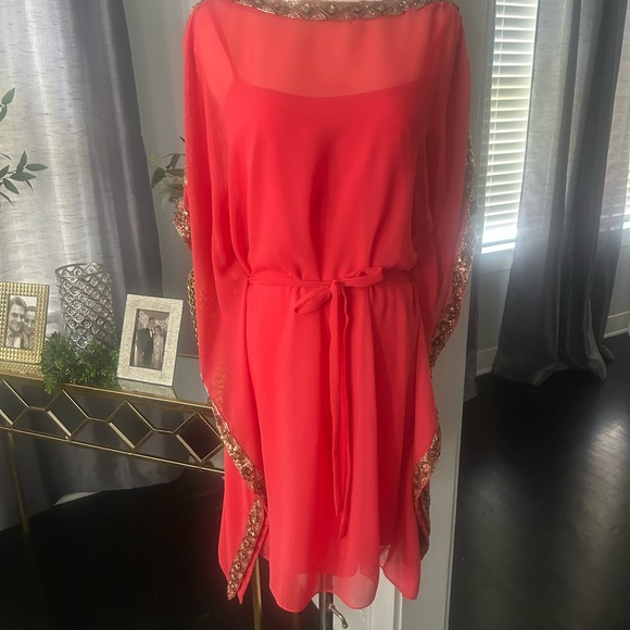 Chic Coral Sheer Dress with Gold Accents - Picture 1 of 4